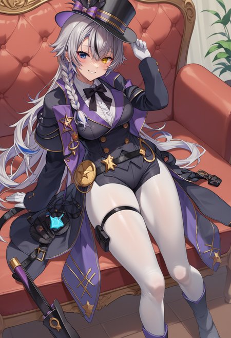 score_9, score_8_up, score_7_up, source_anime, rating_explicit,
BREAK
1girl, 
<lora:shiPhamtonV1:1.0> shipham, grey hair, long hair, yellow eyes, blue eyes, 
heterochromia, braid, multicolored hair, 
top hat, white gloves, black jacket, belt, leotard, belt pouch, black shorts, 
white pantyhose, thigh strap, boots, black footwear, 
looking at viewer, smile,