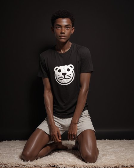 score_9, score_8_up, score_7_up, score_6_up, score_5_up, score_4_up, rating_questionable,
<lora:Alenaaenami:1>,
intricately detailed, photo studio with black backdrop, black background, thick plush carpet, full body, 
1boy(human male, slender, skinny twink, black skin, african, young black man, low muscle, thin, glistening skin, handsome, sexy, seductive, posing, looking at the viewer, friendly expression, kneeling:2, bare feet, comfortable t-shirt, shorts),
<lora:xl_more_art-full_v1:0.4>,
<lora:add-detail-xl:0.4>
