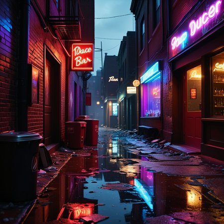 A dark and grimy alleyway behind a dance bar at night, illuminated by dim, flickering neon lights in shades of red and purple. The alley is narrow and lined with aged, graffiti-covered brick walls. Scattered trash and puddles reflecting the dim light create a gritty atmosphere. The scene feels damp and unwelcoming, with faint traces of smoke and steam rising from a nearby vent. Broken glass and discarded items litter the uneven ground. The distant hum of a neon sign and faint sounds of music leaking from the bar add to the urban, moody ambiance of the night.
<lora:SDXLFaeTastic2400:0.4> <lora:extremely_detailed:0.4> extremely detailed, Masterpiece,best quality,hi res,8k,hi res,8k,award winning,(sharp focus, intricate, highly detailed),