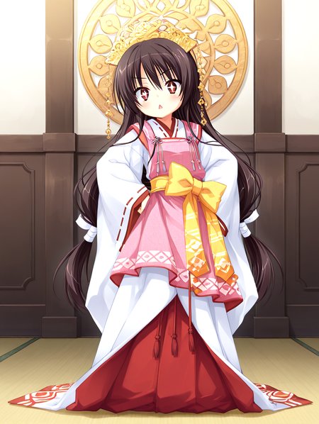 <lora:il-unohana-sakuya-KAMI>,il-unohana-sakuya,1girl,ukami outfit,solo,red eyes,very long hair,wearing a pure white furisode kimono with long flowing sleeves and a floor-length hem,layered with red and pink fabrics,a  pink upper long apron integrated into the outfit,shrine maiden ceremonial outfit,ribbon-trimmed sleeves,golden headdress,a large decorative yellow and orange bow tied diagonally across the front waist,elegant white gown with a trailing hem,a ceremonial deep red pleated inner garment trailing beneath the outer white kimono,aged down,
<lora:add-detail-xl:1>,<lora:ponyv4_noob1_2_adamW-000017:0.8>,wear clothes,<lora:mumyousakanagareillv1.1:0.8>,mumyou-sakanagare,holding sword,blade insert to floor,leaning back,crooked waist,significant bending,leaning to the side,bent neck,
blush,+ +,suprised,:<,triangle mouth,cross-eyed,