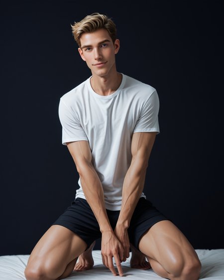 score_9, score_8_up, score_7_up, score_6_up, score_5_up, score_4_up, rating_questionable, 
<lora:Jabstyle_AMXLV1:1>,Jabstyle,
intricately detailed, photo studio with black backdrop, black background,
1boy(human, glistening skin, handsome, sexy, seductive, posing, looking at the viewer, friendly expression, kneeling,
pale skin, european, blond hair, 
bodybuilder, 
loose t-shirt, shorts),
depth of field, 
<lora:xl_more_art-full_v1:0.4>,
<lora:add-detail-xl:0.4>