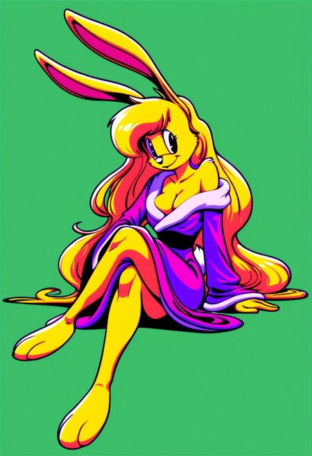 score_9, score_8_up, score_7_up, score_6_up, score_5_up, score_4_up, retro artstyle, BREAK 
LoriJackRabbitPXL, rabbit girl, long blonde hair, yellow fur,1girl, solo, breasts, yellow hair, furry female, furry, sitting, long hair, very long hair, green background, crossed legs, black eyes, animal ears,rabbit tail, smile, robe, wide sleeves, full body, animal nose, cleavage, looking at viewer, off shoulder, absurdly long hair, closed mouth,yellow fur,rabbit girl,rabbit ears, medium breasts,rabbit tail, eyeshadow, dress, flat color, no bra, simple background, bare shoulders, body fur
<lora:lorijackrabbit-v1:0.9>