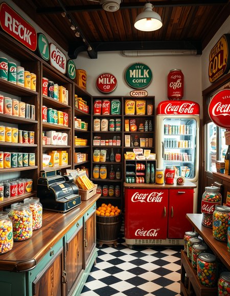 A vintage 1950s grocery store filled with nostalgic details. Wooden shelves neatly stocked with classic canned goods, glass soda bottles, and colorful retro packaging. An old-fashioned cash register sits on the wooden counter, next to a small scale for weighing produce. The checkered black-and-white tile floor adds to the mid-century charm, while hand-painted signs on the walls advertise milk, bread, and coffee in bold, retro fonts. A display of penny candy in glass jars sits near the entrance, and a vintage Coca-Cola refrigerator hums in the background. Soft, warm lighting casts a nostalgic glow over the scene, enhancing the rich textures of wood, glass, and metal, capturing the essence of a bygone era.
<lora:SDXLFaeTastic2400:0.4> <lora:extremely_detailed:0.4> extremely detailed
 <lora:1950s_grocery_st0r3:1>,1950s grocery st0r3, Masterpiece,best quality,hi res,8k,hi res,8k,award winning,(sharp focus, intricate, highly detailed),