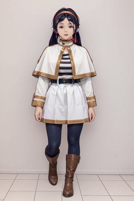 breasts,digital illustration, charact portrait, source_anime,anime coloring,1girl, <lora:mita.pony:1>mita <lora:SousouNoFrieren_FrierenXL:1> Casual, striped shirt, white capelet, black belt, white skirt, long sleeves, black pantyhose,brown boots, earrings,, Score_9, Score_8_up, Score_7_up, Score_6_up, Score_5_up, Score_4_up, BREAK, in full growth, best quality, masterpiece, ultra-detailed, high quality,good quality(master piece,high resolution, ultra detailed,8K,16K),look at viewer