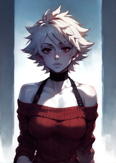 white skins, spiky red short tomboy hair, neutral expression, tight sweater, <lora:NAHIRI:1> nahiri, 1girl, solo, short hair, breasts, bare shoulders, white hair, colored skin,  <lora:RD-MAnon-XLV1.1:1>  female,, source_anime, score_9_up,  score_7_up, score_8_up