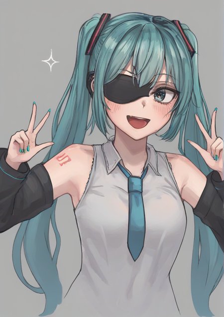 1girl,hatsune miku, aqua hair, aqua nails, armpits, bare shoulders, black blindfold, black sleeves, blindfold, blue necktie, detached sleeves, double peace, emotional engine - full drive, facing viewer, grey shirt, hair ornament, hands up, long hair, nail polish, necktie, open mouth, shirt, shoulder tattoo, sleeveless, sleeveless shirt, smile, solo, sparkle, sparkle background, tattoo, twintails, upper body, peace sign, v-shaped eyebrows <lora:gruki_style:1>
