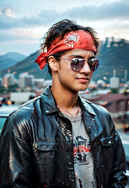 score_9, score_8_up, score_7_up, amazing quality, ((single character)), full profile photo, 80s cyberpunk, 80s movie with film grain, (waist up character focus:1.5), industrial cyberpunk city with neon advertisements, outdoors, dark sky,
BREAK, a Korean American man with smirk, (standing and cracking his knuckles:1.2), wearing a black leather jacket and a grey shirt with crimson kanji symbols, (wearing black aviators and a red headband (Bandana):1.3), wavy combed hair,