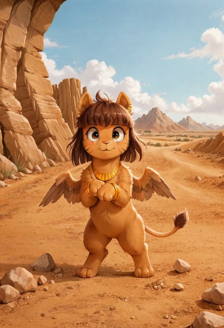 full body, ((solo)), furry, fluffy, fluffy fur, perfect eyes, zPDXL3, ((action_pose:1.5)), sfw, 

cute female furry feral chibi m4gp1e, bipedal, blushing, rocks, source_furry, m4gp1e, sphinx, feral, jewelry, bracelets, wings, smiling,

(((outside desert mountain))),  

(high detailed face), (high art quality), (high detailed), 4k, (high resolution), (8k resolution), masterpiece, best quality, ((scenery)), detailed background