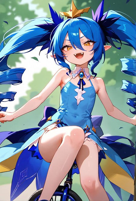 score_9,score_8_up,score_7_up,masterpiece, best quality, <lora:WHM 0.2v:0.5>, WHM, 2D,anime,anime coloring, 
<lora:unicycle_pony_V1.0:1> unicycle, ridingãï½ãï½ï½
lewisia, bangs, blue hair, drill hair, fangs, hair between eyes, long hair, pointy ears, twin drills, twintails, yellow eyes,<lora:LewisiaXL_byKonan:0.9>flat chest, crown,