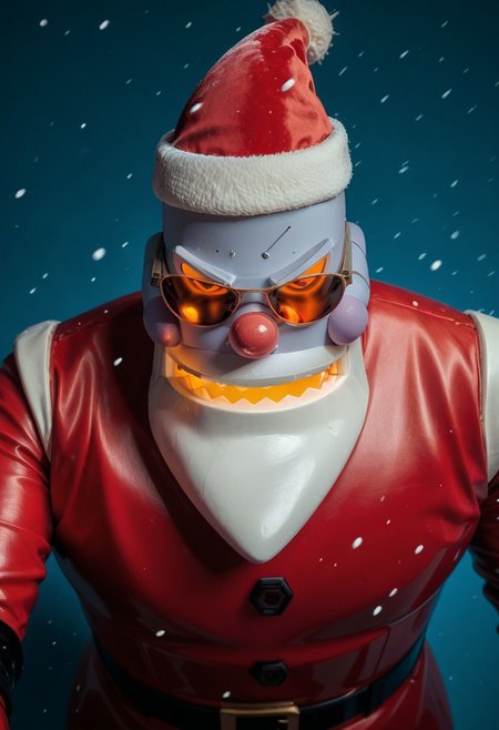 score_9, score_8_up, score_7_up,  Robotic Santa Claus in sunglasses   portrayed amidst a Datastream Disruption, surrounded by cascading code and digital noise. Use glitchy green and red tones to highlight the chaotic interference in the digital realm
