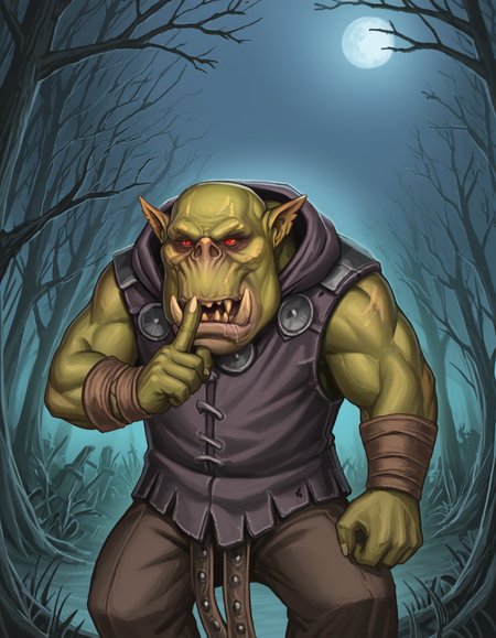 score_7_up, score_6_up, a20t43c-dh, dutch angle BREAK, squating, in ambush, shushing, finger to mouth, index finger raised,OrcBoyz,green skin, tusks, red eyes, purple clothes, , armor, hooded, dark forest, dark night  <lora:Artist_Style_-_a20t43c:1> <lora:add-detail-xl:0.3> <lora:Orc_Boyz_PonyXL:0.8> <lora:shushing-ponyxl-lora-nochekaiser:1>