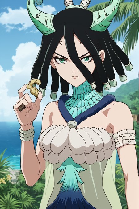 score_9, score_8_up, score_7_up, illustration, source_manga, rating_safe, r3tr0XLP ,<lora:r3tr0XLP:0.7> 1girl, solo, slimes_kirisame, hair between eyes, black hair, dreadlocks, teal smooth horns, green eyes ,serious expression, hand raised, holding metal, upper body,  <lora:SlimesKirisame:1.0>, break, in a tropical village