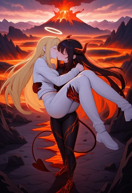 XUER guangying, good quality, best quality, highres, masterpiece, blush, (2girls, angel and demon, angel holding demon) medium breasts, extremely long hair, angel, white clothing, yellow hair, pale skin, happy, kissing, athletic, cuddling, vibrant colors, perfect face, (((Princess carry))), happy, horny, in love, ((standing, mountains, volcano background, dark ground, lava in background, cloudy day)), 5fingers, good hands, closed mouth, cuddling, head on shoulder, in love, romantic, midriff, lesbians, yuri, floppy demon tail, full body, dynamic hair, ((cuddling, tight hug))
