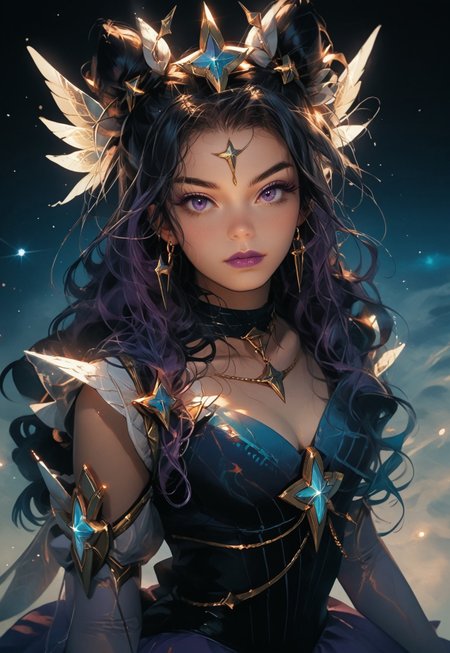 safe_pos, score_9, score_8_up, score_7_up, score_6_up, rating_explicit, score_9, score_8_up, score_7_up, A large majestic mountain with a village resting at its summit, a beautiful girl yodeling, subsurface scattering, Photorealistic, Hyperrealistic, analog style, realistic, film photography, soft lighting, photo, cinematography, high resolution, 8k, SyndraSGPrestigeXL, purple lips, purple eyelashes, purple eyes, black hair, two-tone hair, black and aqua hair, long hair, straight hair, double bun, sidelocks, hair ornaments, star forehead, earrings, black choker, medium breasts, detached sleeves, star guardian (league of legends), star (symbol), cleavage, blue dress, puffy sleeves, blue elbow gloves, fingerless gloves, purple skirt, white thighhighs, white thigh boots
