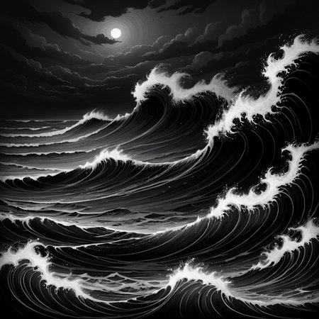 masterpiece, best quality,  <lora:add-detail-xl:1> <lora:ArsMorph_-_World_of_Darkness_SDXL_Pony:0.8> ArsWorldOfDarkness An ocean of undulating darkness, waves formed from crests of deeper shadow. The shore is a gradient of dark granules, with creatures of pure black emerging from the depths.