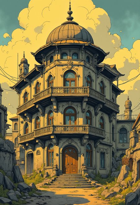 Japanese Manga style Poster, Art by Thomas Haller Buchanan. A digital illustration shoot from a front camera angle about an old, dilapidated building with a large, ornate balcony and a round, domed roof lit by warm, golden light. the building is situated in the middle of the image, with its distinctive architecture and ornate details standing out against the muted colors of the sky and clouds in the background. it has multiple arched windows and a large wooden door, with a balcony on the second floor, and a clock tower on the left side. the lighting is soft and warm, casting a golden glow on the building, creating a sense of serenity and tranquility. the overall style is reminiscent of a fantasy art piece, with intricate details and a touch of realism, making it a captivating piece of art.