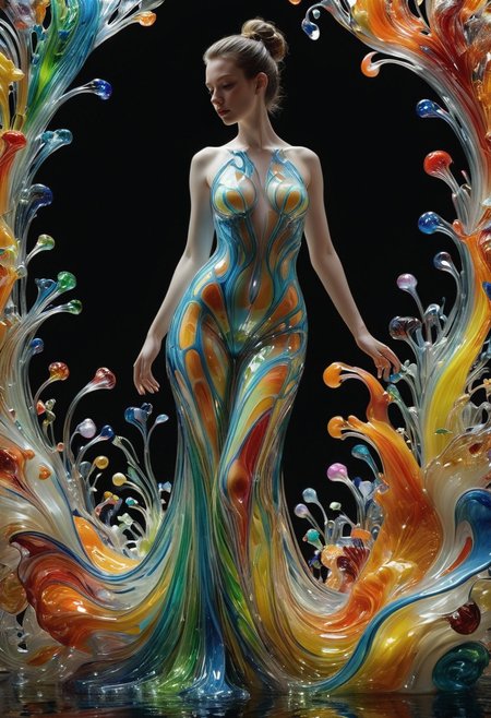 made out of,colorful,liquid,Murano Art glass,

Within a labyrinthine network of data streams, a digital entity takes form. Her body, a cascade of liquid Murano glass, shimmers with neon data flows. Imagine a gown or a bodysuit – something sleek and form-fitting. Backlighting illuminates the intricate patterns of light and glass, creating an ethereal yet powerful presence.