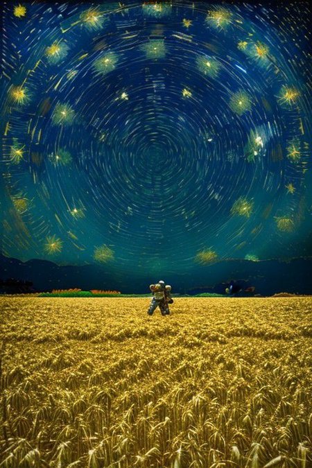 An astronaut in a golden wheat field at night, looking up at a starry night (in the style of Vincent van Gogh)