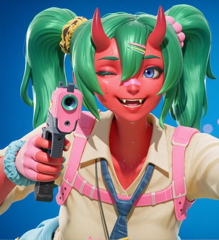 high quality, masterpiece, intricate details, absuredres, (wink, fangs, smile, :d, holding, handgun, aiming, portrait, depth of field, bokeh, blue background, solid background:1.5), fortnite_nemia, 1girl, solo, green hair, twintails, ponytail, long hair, bangs, hair between eyes, hair over one eye, ears, horns, oni horns, single horn, red skin, pink skin, blue eyes, parted lips, bandaid, bandaid on nose, bandaid on thighs, breasts, shirt, school uniform, necktie, plaid skirt, thighhighs, socks, loose socks, boots, jewelry, earrings, bracelet, charm, belt, gloves, fingerless gloves, knee pads, leg warmers, collarbone, solo, colored skin, hair ornament, hairclip, scrunchie, holster, striped necktie, clothes around waist, oni, plaid, charm (object), blue necktie, sweater around waist, animal print, heart, shoes, star (symbol), thigh holster, (female focus, female_focus, sweating, sweat:1.4),  <lora:Fortnite_Nemia_Demonically_Cute_Set_ILXL_E41_16_DIM:1>, <lora:dmd2_sdxl_4step_lora:1>