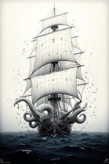 VintageSketch style, YFG-Zaat, Dark digital art of a sailboat in heavy sea, surreal and abstract, Kraken tentacles coming out of water, attacking ship, eerie atmosphere, thick fogBauhaus-Style Poster, by Antony Gormley, (tilted horizon, Terragen but extremely beautiful:1.4), (intricate details, masterpiece, best quality:1.4), Pencil Sketch Drawing, black and white drawing, pencil sketch, graphite drawing, looking at viewer. simple geometric shapes, clean lines, primary colors, Bauhaus-Style Poster.