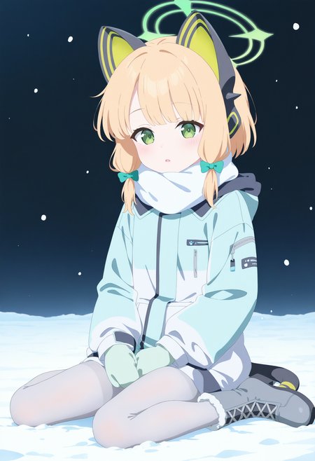 1girl, midori \(winter\) \(blue archive\), midori \(blue archive\), blue archive, best quality, anime coloring,
BREAK
winter clothes, white scarf, hooded coat, aqua coat, green mittens, light grey pantyhose, tail, fur-trimmed footwear, lace-up boots, grey footwear, black background, winter, snow, wariza
 <lora:[ILNAI-vpred10]ba-momoi-midori-winter-v1:1>