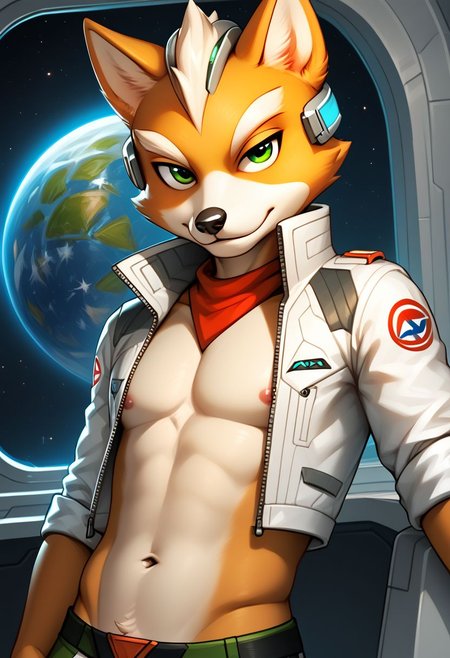 score_9, score_8_up, score_7_up, score_6_up, score_5_up, score_4_up, (stomach focus:1.6) (Furry:1.1), (anthro:1.1), (sexy:1.2) Fox McCloud, spaceship, male, solo, midriff, (navel:1.3), green eyes, seductive look, sticking navel out, source_furry