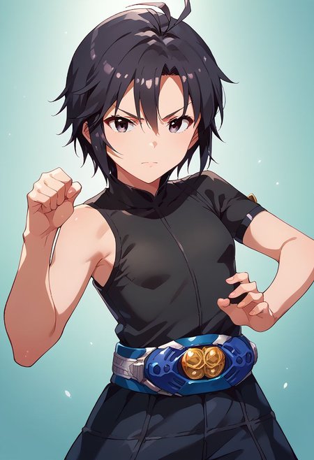 score_9, score_8_up, score_7_up, source_anime,
kkcmkt, short hair, black hair, antenna hair, hair between eyes, black eyes, flat chest,  small breasts, rider belt, henshin pose