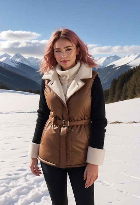 white Oversized shearling padded down vest, white Oversized shearling padded puffer vest, very very cold, realistic, feet out of frame, standing, walking, 1girl, solo, masterpiece, illustration, beautiful detailed sky, beautiful-detailed eyes, eyeliner, eyelashes, arrogant, half-closed eyes, condescending look, condescending satisfied look, condescending light smile, seductive look, lookng at viewer, cinematic light, ultra detailed, disheveled hair, pink hair, long hair, light blue eyes, curly hair, pink choker, bracelet, wet, day, sky, sunlight, (pressure sherpa cuffs:1.8), (pressure sherpa collar:1.8), (Thick padded cuffs:1.4), (Thick padded collar:1.4), <lora:Collar-SDXL:0.75>, <lora:Cuffs-SDXL:0.75>, <lora:fashion_lora:0.6>