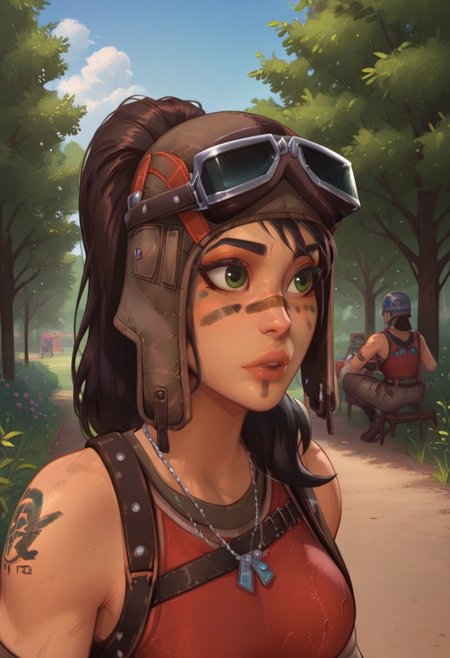 masterpiece,best quality, highly detailed, score_9, score_8_up, score_7_up, score_6_up, 
BREAK, 1girl, Renegade Raider, facepaint, necklace, bandaid on face, helmet, ponytail, standing, park, outdoor
