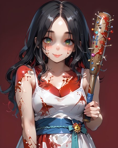 PonyScores7, source_anime, ah1, BREAK 1girl, (curly hair), long hair, (black hair:1.3), mature female, (parted hair:1.7), (round face:1.2), (fringe:-0.5), (bangs:-0.5), (hair between eyes:-0.5),  (thick eyebrows), (curvy), round-chin, (greenish hazel eyes), caucasian, (downturned eyes:1.2), (plump face), <lora:ETO_OCPonyXL:0.5> eto_oc, skindentation, (plump), thick thighs, wide hips, busty, voluptuous, kinky curls, lips, <lora:venus body PonyXL:0.4>, (<lora:yandere_Pony_v1:0.8> yandere, (shaded face), (empty eyes), head tilt, crazy smile), (two lovers, having lingering gazes, couple, 1boy, duo, pair), (Pedestrians navigate through busy streets surrounded by shops and cafes,), looking at viewer, (<lora:carrie bloody dress:0.8> blood on face, blood on clothes, blood on dress, blood tainted, blood splatter, white dress, long dress, sleeveless, tiara, collarbone, sash), BREAK <lora:xl_more_art-full_v1:0.2>, <lora:shinyskin2:0.2> glistening skin, <lora:aesthetic_anime_v1s:0.2>, <lora:Expressive_H:0.2> Expressiveh, <lora:hairdetailpxl:0.2> hairdetailpxl, <lora:EpicF4nta5yXL:0.2>, <lora:detailxl:0.2> detailxl, <lora:Fant5yP0ny:0.2>, best quality, amazing quality, best aesthetic, absurdres, <lora:expressive eyes:0.2> expressive eyes, <lora:eyedetailpxl:0.2> eyedetailpxl, illustration, Volumetric_Lighting, ultra-detailed, very aesthetic, intricate details, 8k, masterpiece, best_quality, BREAK (High Angle view Extreme Close shot), BREAK <lora:Eyes_High_Definition:0.3> EyesHD, Stable_Yogis_PDXL_Positives, AS-Adult, <lora:Complicated fantasy portrait - XL Pony V2.0:0.4>, bad-hands-5,  <lora:blood bath-GMR:0.8> Blood Bath,  <lora:BloodLoraPony:0.8> Blood, many blood, pool of blood, blood stains, stained with blood, <lora:spiked_bat_pony:0.8> spiked bat, holding bat