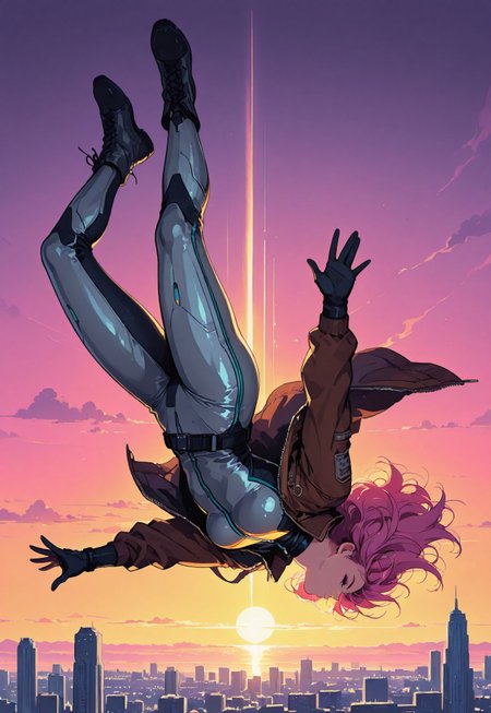 1girl, solo, pink hair, short fringe bob, bangs, detailed purple eyes, toned body, BREAK,

brown bomber jacket, (silver bodysuit:1.3), high-neck, white combat boots, BREAK, 
 
stylized, dynamic low angle, upside-down shot, (side-view, from the side:1.4), mid-air, dynamic diving pose, free-fall, floating, eyes closed, wind-blown hair, BREAK,

in the sky, city skyline below, horizon, sunrise, cityscape, detailed background, BREAK,

in the style of cksc, in the style of ck-rw, sci-fi, illustration, retro, artist:moriimee, (safe_pos, fine texture, masterpiece, ultra-detailed, very aesthetic, absurdres, volumetric lighting, scenery), BREAK.