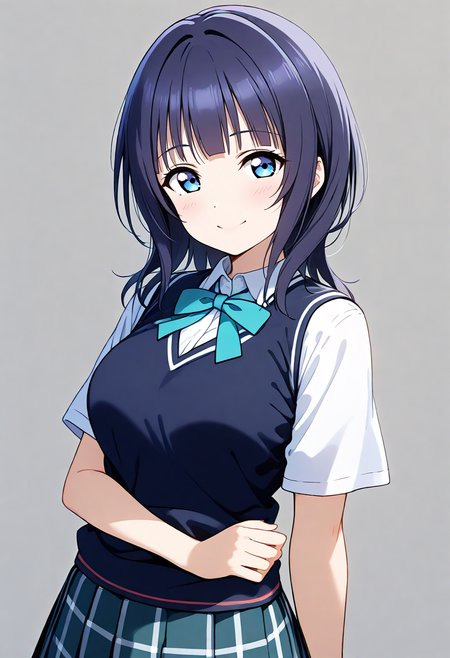 score_9, score_8_up, score_7_up, source_anime,BREAK
1girl,
<lora:Hyper-SDXL-8steps-lora:1>
<lora:age_slider_v4:1>
<lora:SDXL_karin_pony721:0.8>
karin, (asaka karin),love live! nijigasaki high school idol club,blue eyes, blue hair, blunt bangs, medium hair, 
solo, large breasts,upper body, light smile, breasts, 
nijigasaki academy school uniform, short sleeves, shirt,pleated skirt, white shirt, plaid, plaid skirt,ribbon,blue ribbon, 
standing,sweater vest,black pantyhose,vest, (black vest),blue ribbon,
simple background, grey background,arms behind back,