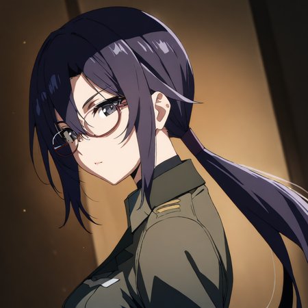 masterpiece,high score,great score,absurdres,looking at viewer,<lora:Sayoko AnimagineXL v1:1> sayoko, glasses, blue hair, ponytail, black eyes,military_uniform,