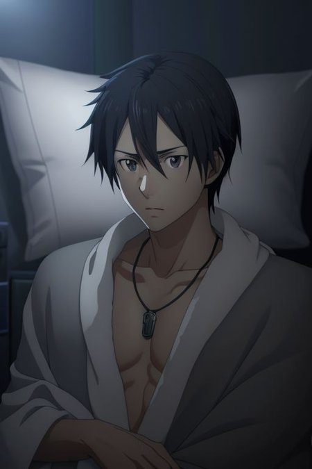 high resolution, solo, best quality, 1Boy, Kazuto Kirigaya, portraits, Black Hair, Black Eyes, bedroom, dimly lit, pillow, blanket, necklace, upper body quarter, shirtless, sixpack, horny, OverallDetail
