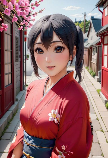 1 girl, nakano azusa, fully clothed, red kimono with pink flowers, perfect face, black eyes, black hair, show top of head, pigtails hair, blushing, smiling, outside, in the street of old qubec, small breasts, <lora:azusa_xl_rev3:0>, <lora:add-detail-xl:1>, OverallDetail, fFaceDetail, EyeDetail, Painstaking Attention To Details, art by mooncryptowow,