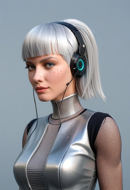 A 35mm photo of a beautiful robotic woman, she has a robotic human head, robot, freckles, silver hair, silver mesh bodysuit, robotic joints, robotic head