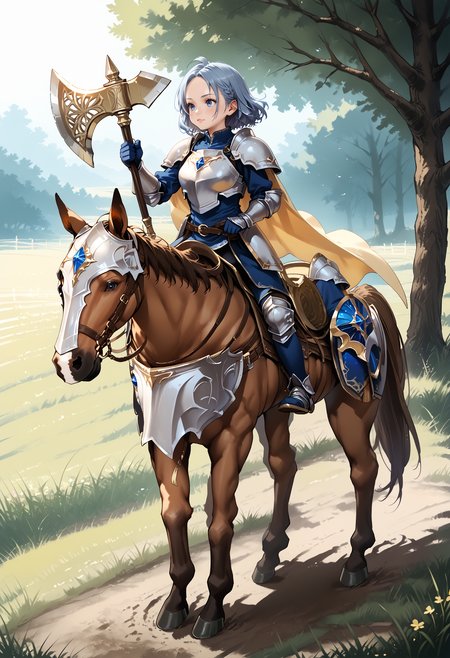 zPDXL3,extreme detailed,full_body BREAK nature,field,
<lora:Pony_DetailV2.0:1> BREAK 1girl,Cavalier,armor,cape,gloves,horse,horseback riding,(holding axe:1.3),<lora:cavaliar-v3-pony:0.9>,