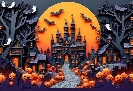 Paper quilling, layered paper, a cute Halloween themed landscape with a gothic castle in front of the large moon at the center of the image. Below the castle, there are tiny houses, Halloween pumpkins, cobbled roads and street lanterns. In the air, there are cute ghosts and bats fly around
