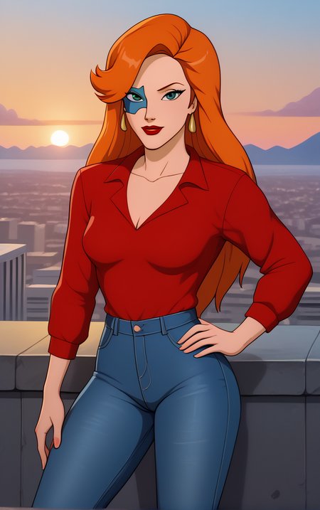score_9, score_8_up, score_7_up, looking at viewer,  BREAK
RedDress_FoxXanatos_ownwaifu, 
1girl, eye mask, facial tattoo, green eyes, long hair, makeup, orange hair, lipstick, red lips, collarbone, breasts, 
red shirt, denim, pants, long sleeves,
(contrapposto, hand on hip), sunset, sidelighting, cityscape, outdoors, <lora:PONYXL_Gargoyles_FoxXanatos_ownwaifu:1> , depth of field, solo,