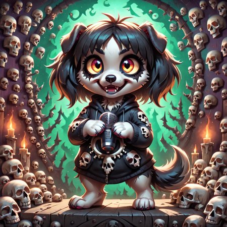 dog girl dressed in an elaborate collection of skulls covering her in a majestic way holding microphone, music studio, painting of cute skulls, pg safe