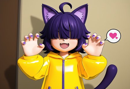 score_9, source_anime, 3D, solo, Yoko Momoko, 1 catgirl, shortstack, plump, fair skin, short purple hair, hair covering eyes, purple ahoge, purple  hair bangs, purple cat ears, purple cat tail, fang sharp_nails, purple nails, orange raincoat, hood down, baggy clothing, black chocker, smile, open mouth, spoken hearts, sbsp-joins-the-battle, claw pose, looking at viewer