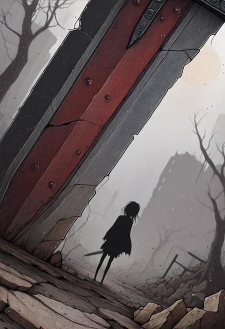 <lora:Dysfunction:1.2> dysfuntwin, best quality, masterpiece,
close-up shot, dutch angle, perspective,
single grounded rusty greatsword, 
broken terrain, particles, vfx,