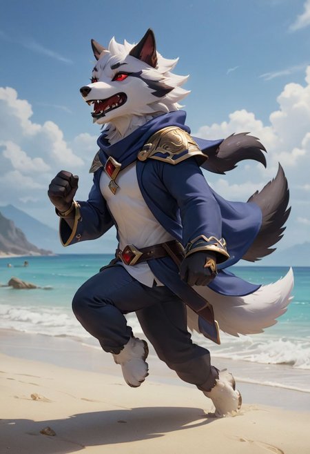 furry wolf, gray wolf, chibi, with red eyes,  beach,
pants or shorts, furry body
full-length frontal view, flight phase during running, legs above the ground, wind blowing the cloak, fast running,
Hyperrealistic art high-quality portrait flat matte drawing of a cute Nendoroid and cartoon style, anime flat style, thick drawing, medium close-up", (solo:1.2), photorealistic:1.5, 8k, texture skin, realistic skin, detailed skin, highest detailed, extreme detailed, 8k wallpaper, colorful, (dark magic), ring with the stone, (intricate details), (hyperdetailed), 8k hdr, high detailed, lot of details, high quality, soft cinematic light, atmospheric perspective (focus on), color Ink wash painting, Extremely high-resolution details, photographic, realism pushed to extreme, fine texture, incredibly lifelike, two people, two children