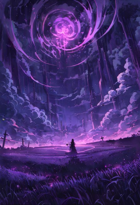 Very wide angle shot, big landscape, serene night, beautiful sky, Complex landscape, grassland, ocean,  swirling mists ,ghostly apparitions. Glowing will-o'-the-wisps , where a hooded figure stands guard. Color temperature: Moody purples and deep blacks. Lighting: Flickering torches casting long shadows. Atmosphere: goth horror. --v 5 --stylize 1000