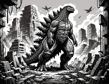 score_9, score_8_up, score_7_up, <lora:Clean Sketch (J) style:1> monochrome, full body, godzilla, in city ruins,