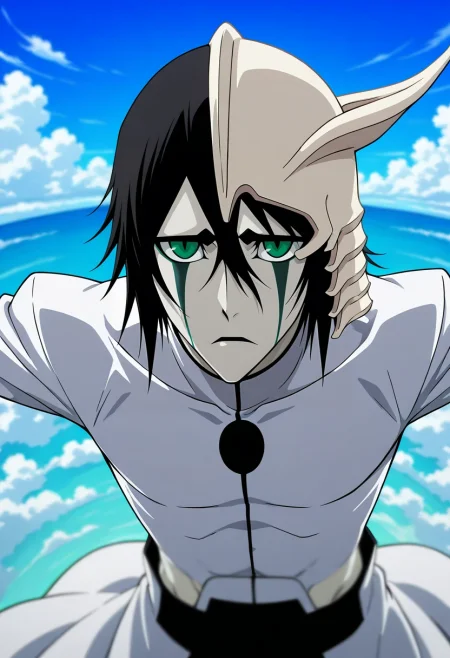 masterpiece, best quality, intricate details, anime screencap, , official style, , depth of field, 1boy, solo, male focus, <lora:ulquiorra_cifer_ilxl:0.98>, ulquiorra_cifer, black hair, green eyes, facial mark, hair between eyes, arrancar, mask, short hair, from above, spaceship, day, clouds, outstretched arms, speaking, talking,