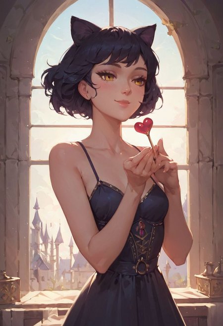 score_9, score_8_up, score_7_up,(masterpiece:1.4), (high resolution:1.4), 
Blake Belladonna (RWBY), black hair, short hair, cat ears, bob hairstyle, pale skin,
1girl, small breasts, petite, 
alone, solo,
smile, indoors, medieval dress, Blowing A Kiss From Hand