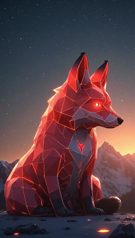 A stylized, profile view of a red fox.  The fox is rendered in a geometric, polygonal style, resembling a  3D model or a digital painting.  The polygons are incandescent, emitting a warm, orange-red light. The background is a starry night sky, with a gradient of dark blues and muted oranges/yellows.  The overall impression is a combination of digital art and photorealism, with a blend of glowing textures.  The setting is a night sky, possibly outer space  or an abstract representation of a landscape.  Use a combination of smooth and sharp lines with glowing outlines. Incorporate a slightly hazy or dreamy aesthetic.  Focus on the form and texture rather than photorealistic detail.