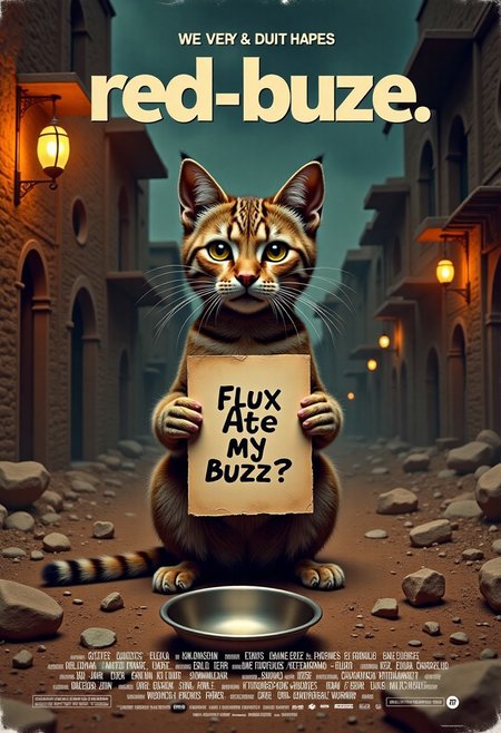 a realistic picture,((((Display the text " help flux ate my buzz??" on top a movie poster)))) 
Movie poster of very skinny Cat sitting against the wall, with empty bowl in front of his side,  holding poster,, text on a poster "FLUX ATE MY BUZZ" ))8k, ultra detailed, 
BREAK,   <lora:cashbaba:0.6>  <lora:xl_more_art-full_v1:0.5> I  background: in ruined city in middle east, after war, in evening,   logo:1.9 <lora:Harrlogos_v2.0:1.9>, (full body shots),u ))8k, ultra detailed, 
BREAK,  <lora:cashbaba:0.6>  <lora:xl_more_art-full_v1:0.5> I  background:  logo:1.9 <lora:Harrlogos_v2.0:1.9>, (full body shots),
