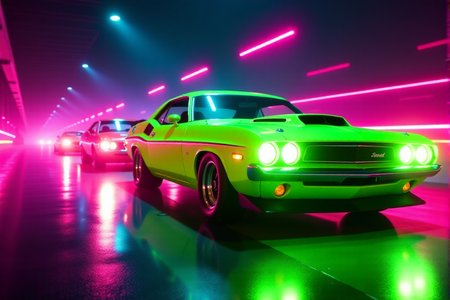 A Retro Neon Lens Flare Extravaganza of Vintage Cars, blending 1980s aesthetics with dazzling light effects. Employ bold lime green and hot pink neon hues to amplify the dynamic and energetic vibeâââ